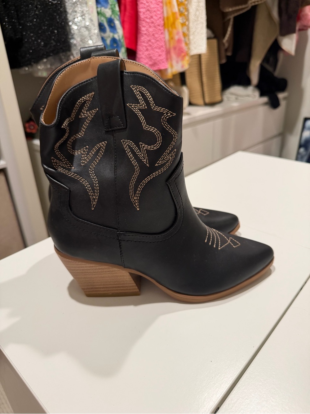 Soda Black Western Ankle Boots with Tan Stacked Heel - Picture 4 of 5